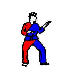 [ picture of martial artist executing left knife hand middle block ]